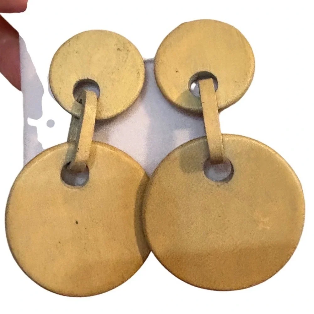 Natural Tan Pale Blue Wood Geometric Double Disc‎ Drop Earrings Minimalist Boho